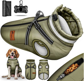 Produktbild von TRESKO Hundejacke Winter mit Reflektoren inkl. 15 Stück Kotbeutel, + Spender Hunderegenmantel wasserdicht Hundemantel mit Geschirr Weste