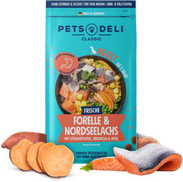 Produktbild von Trockenfutter Forelle & Nordseelachs mit Süßkartoffel, Brokkoli & Apfel für Hunde - 2 x 2 kg