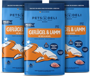 Produktbild von Trockenfutter Maxi Premium Basic Geflügel & Lamm mit Reis für Hunde - Sparpaket 3x9kg
