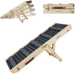 TWSOUL Hunderampe Haustierrampe mit rutschfestem Teppich Haustiertreppe, Faltbar, 4-fach höhenverstellbar (20-45 cm), 80 cm, Naturholz – Bild 1 von 5