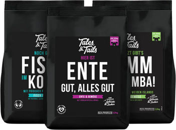 Produktbild von Tales & Tails Getreidefreies Trockenfutter Dreier Paket mit Forelle, Hering, Lamm und Ente 3x 1,5kg