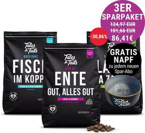 Tales & Tails Getreidefreies Trockenfutter Mischung aus Fisch Lamm Ente und Rind 3x 4kg Beutel – Bild 1 von 1