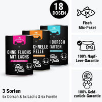 Produktbild von Tales & Tails Katzenfutter Dreierlei Fisch Lachs und Forelle in Sauce getreidefrei und ohne Zucker 36 g Dose
