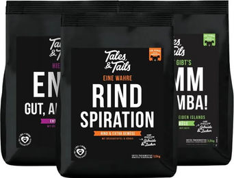 Produktbild von Tales & Tails Trockenfutter Dreier Paket Getreidefrei mit hohem Fleischanteil Forelle Hering Lamm Ente 4,5kg
