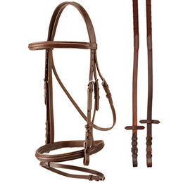 Produktbild von Tattini Leder-Pony-Trense mit Stirnband und Nasenriemen inklusive Stoffzügeln und Edelstahl Schnallen