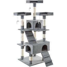 tectake Kratzbaum Barney XL für Katzen und Kitten mit 2 Katzenhäusern und Sisalsäulen in Grau 170 cm – Bild 1 von 13