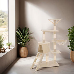 tectake Kratzbaum Dominik für Katzen 144 cm Beige mit Katzenhaus, Treppe und Sisalstangen – Bild 1 von 8