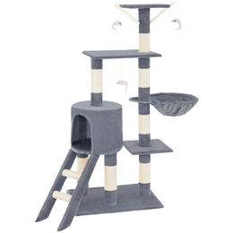 tectake Kratzbaum Dominik für Katzen 144 cm Grau mit Katzenhaus und Sisalstangen – Bild 1 von 10