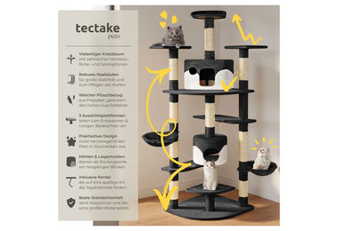 tectake Kratzbaum Fippi Katzenbaum mit Sisalstangen und Plüschoberfläche 201 cm Schwarz-Weiß – Bild 1 von 4
