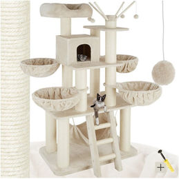 tectake Kratzbaum Gismo für Katzen 195 cm mit Katzenhaus und Treppe in Beige/Weiß mit Plüschoberfläche – Bild 1 von 7