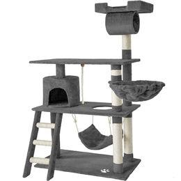 tectake Kratzbaum Marcel für Katzen 141 cm Grau mit Katzenhaus Sisalstangen und Kippschutz – Bild 1 von 11