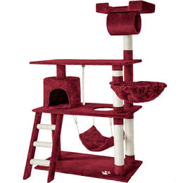 tectake Kratzbaum Marcel für Katzen 141 cm mit Katzenhaus und Sisalstangen in Rot – Bild 1 von 7