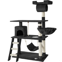 tectake Kratzbaum Marcel für Katzen 141 cm Schwarz mit Katzenhaus und Sisalstangen – Bild 1 von 11