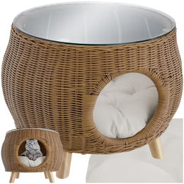 tectake Rattan Couchtisch mit integriertem Katzenbett aus Polyrattan mit Sicherheitsglasplatte und waschbarem Kissen in Braun – Bild 1 von 8