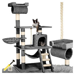 tectake XXL Katzenkratzbaum mit Hängematte, Höhle und Spielkordel aus Plüsch und Sisal in Grau – Bild 1 von 1