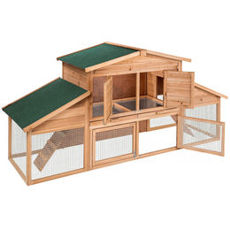 tectake XXL Kleintierstall aus Holz für Kaninchen Meerschweinchen und Chinchilla mit Ruhezone und Freilaufbereich in Braun Natur 226 x 77 x 95,5 cm – Bild 1 von 13