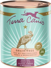Produktbild von Terra Canis Hundefutter Adult Pute mit Sellerie Kürbis und Brunnenkresse Stückchen in Sauce getreidefrei 6x800g