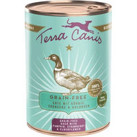 Produktbild von Terra Canis Hundefutter Ente mit Kürbis Erdbeeren und Holunder getreidefrei glutenfrei Stückchen in Sauce 12x400g
