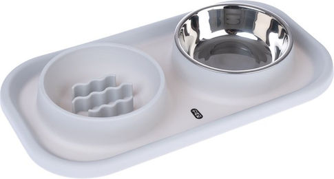 Produktbild von TIAKI Doppelnapf aus Edelstahl mit Slow Feeder und Matte Weiß 2 x 300 ml - 600 ml