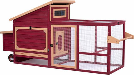 Produktbild von TIAKI Hühnerstall aus Holz mit Rädern in Rot und Beige L 236,6 x B 78 x H 114,4 cm