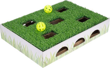 TIAKI Katzenspielzeug Intelligenzspielzeug Jagdbox mit Graspatch aus Pappe in Grün Weiß 40 x 28 x 7 cm – Bild 1 von 1