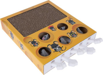 Produktbild von TIAKI Katzenspielzeug Whack-a-mole 2 in 1 Intelligenzspielzeug und Kratzbrett aus Pappe in Weiß und Gelb