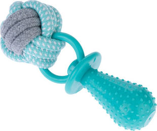 Produktbild von TIAKI Kauspielzeug Seilball mit Schnuller für Welpen mittlerer Rassen aus Polyester in Türkis Weiß Grau Ø 7 x L 19 cm