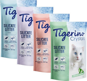 Produktbild von Tigerino Crystals Katzenstreu Silikatstreu Probierpaket 6 x 5 l Classic Sensitive Blütenduft Lavendel Aloe Vera - 6 x 5 l