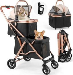 TLGREEN Doppel Hundebuggy für 2 Tiere bis 15kg mit 2 Etagen und 4 PU-Rädern in Schwarz – Bild 1 von 5
