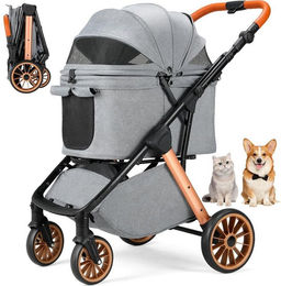 TLGREEN Hundebuggy und Katzenbuggy aus Aluminium in Grau, faltbarer Buggy für Hunde mittlerer Rassen bis 25 kg mit 360 Grad Rädern und Belüftung – Bild 1 von 5