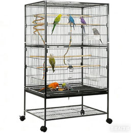 TLGREEN XXL Vogelvoliere aus Metall für Papageien und Wellensittiche mit Rollen und Spielzeug in Schwarz, 132 x 78 x 52 cm – Bild 1 von 1