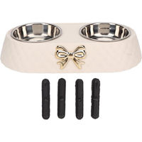 Produktbild von TOMTOP JMS Doppelte Haustiernäpfe aus Edelstahl mit rutschfestem Halter und Schleifendekor in Beige für kleine bis mittelgroße Tiere