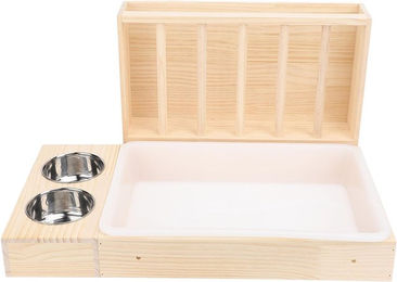 TOMTOP JMS Heuraufe und Futterautomat aus Holz mit 2 Edelstahlschüsseln und integrierter Katzentoilette für Kaninchen Größe L in Braun Natur – Bild 1 von 1