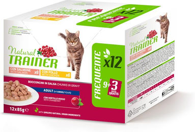 Trainer Nassfutter für erwachsene Katzen Huhn und Lachs Stückchen in Sauce 12 x 85 g Beutel - 12 x 85 g – Bild 1 von 7