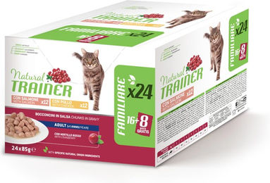 Trainer Nassfutter für erwachsene Katzen Huhn und Lachs Stückchen in Sauce 24 x 85 g Multipack ohne Farb- und Aromastoffe sowie Konservierungsstoffe - 24 x 85 g – Bild 1 von 7