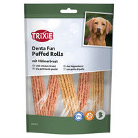 Produktbild von Trixie Denta Fun Puffed Rolls Hundesnack mit Huhn und Ente glutenfrei und ohne Zucker 100 g