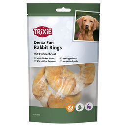 Produktbild von Trixie Denta Fun Rabbit Rings Zahnpflege-Snack für Hunde mit Huhn und Ente glutenfrei 100 g