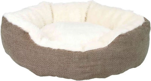 Trixie Hundebett Yuma rund für kleine Hunde und Welpen mit Langhaar-Plüsch braun/wollweiß 45 cm - 1 Stk. – Bild 1 von 4