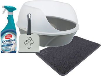 Produktbild von Trixie Katzen Starter Set mit Katzentoilette, Streulöffel, Vorlegematte und Geruchsentferner in Grau aus Kunststoff