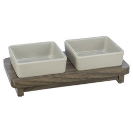 TRIXIE Napf-Set CityStyle für Hunde aus Keramik mit Holzsockel in Weiß Grau Braun - 2 x 0,4 l – Bild 1 von 2