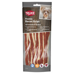 Produktbild von Trixie Premio Bacon Strips Hundesnack mit Ente und Rind glutenfrei 80 g