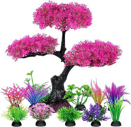 TUWENA Aquariendeko Set aus Kunststoff mit künstlichen Pflanzen und Bäumen in Rosa und Bunt für Fische – Bild 1 von 5
