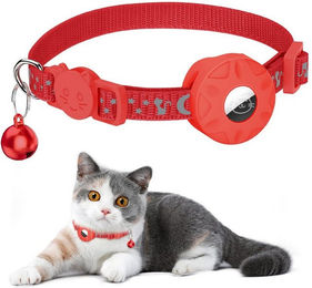 TUWENA Katzenhalsband Reflektierend mit AirTag Halter, Glocke und Sicherheitsschnalle in Rot – Bild 1 von 5