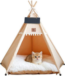 TUWENA Tierbett Tipi Zelt als Katzenhöhle und Hundehaus aus Baumwolle für kleine Rassen, beige und weiß – Bild 1 von 5