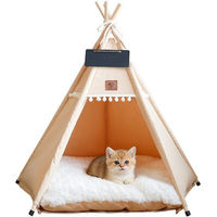 Produktbild von TUWENA Tierbett Tipi Zelt als Katzenhöhle und Hundehaus aus Baumwolle für kleine Rassen, beige und weiß