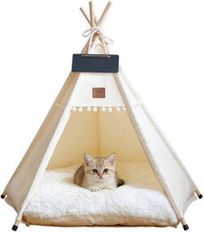 TUWENA Tierbett Tipi Zelt Katzenhöhle und Hundehaus aus Baumwolle für kleine Rassen und erwachsene Katzen und Hunde in Beige und Weiß – Bild 1 von 5