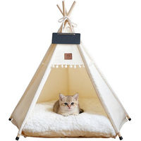 Produktbild von TUWENA Tierbett Tipi Zelt Katzenhöhle und Hundehaus aus Baumwolle für kleine Rassen und erwachsene Katzen und Hunde in Beige und Weiß