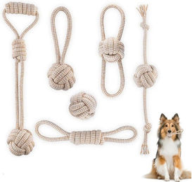 TUWENA Zerrspielzeug Set für Hunde aus Baumwolle und Hanf 6-teilig beige – Bild 1 von 3