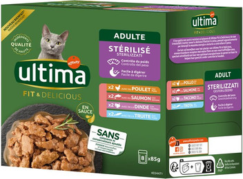 Produktbild von Ultima Sterilized Nassfutter für Katzen Mix Huhn, Truthahn, Lachs, Forelle - 48 x 85 g