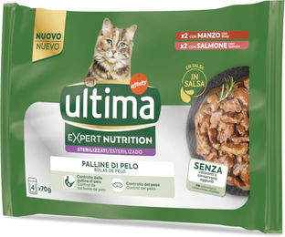 Produktbild von Ultima Cat Expert Nutrition Hairball Katzenfutter Adult Rind & Lachs Stückchen in Sauce 44 x 70 g - 4 x 70 g